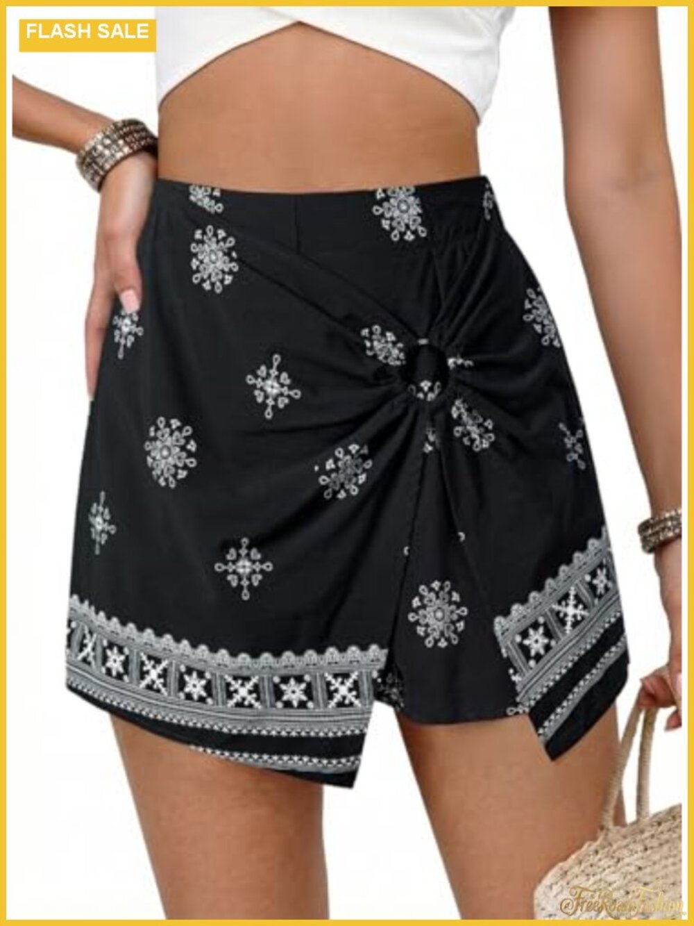 Dokotoo Women Boho Floral Print Skort Elastic Waist Asymmetrical Hem Beach Mini